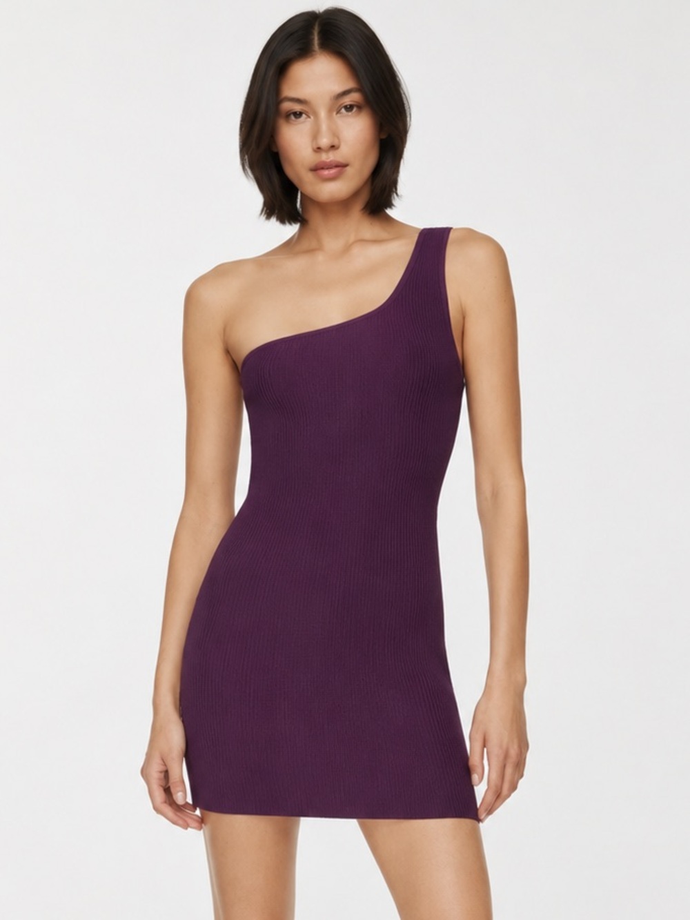 Aritzia Babaton Sculpt Knit One-Shoulder Mini Dress in Purple